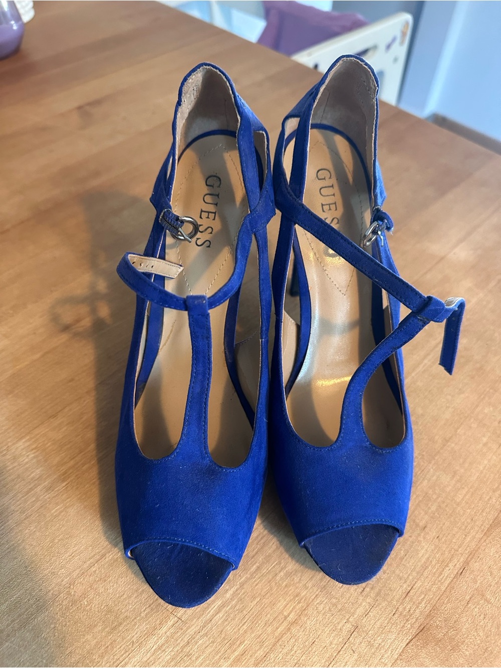 GUESS Cobalt Blue Suede T-Strap Peep-Toe Heels